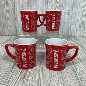 Nestle Nescafé Holiday Red 11oz Coffee Mug Set of 4 Snowflake Reindeer Ceramic
